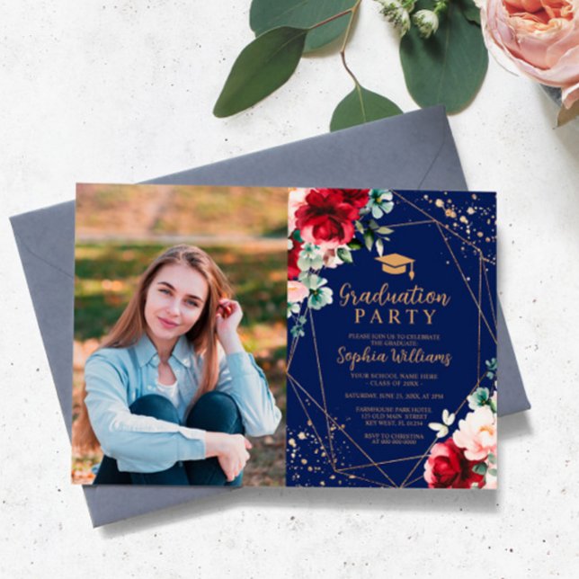Red Rose & Gold Watercolor Photo Graduation Party Invitation (Creator Uploaded)