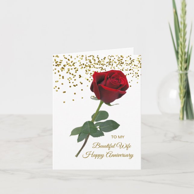 Red rose, golden confetti Wife Anniversary Card (Front)