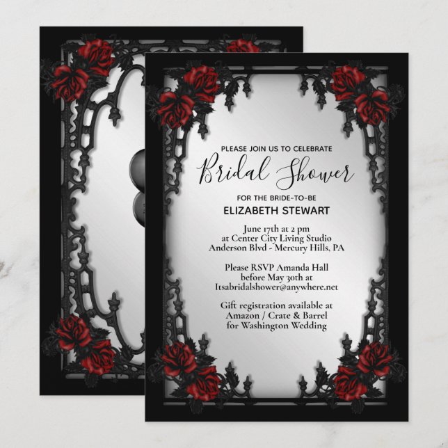 Red Rose Gothic Bridal Shower Iron Gate Invitation (Front/Back)