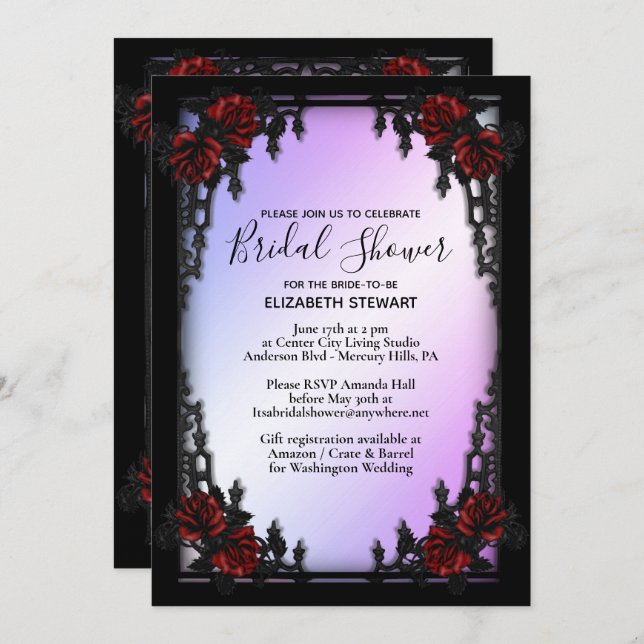 Red Rose Gothic Bridal Shower w Registration Info Invitation (Front/Back)