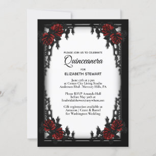 Red Rose Gothic Quinceanera Iron Gate White Invitation