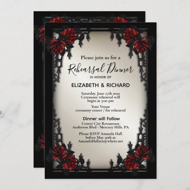 Red Rose Gothic Rehearsal Dinner Iron Gate  Invitation (Front/Back)