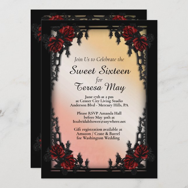 Red Rose Gothic Sweet Sixteen Iron Gate  Invitation (Front/Back)