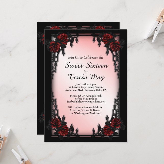 Red Rose Gothic Sweet Sixteen Iron Gate Pink  Invitation (Front/Back In Situ)