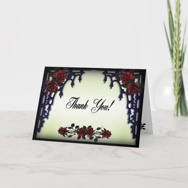 Red Rose Gothic Wedding Blank Inside Green Thank You Card (Front)