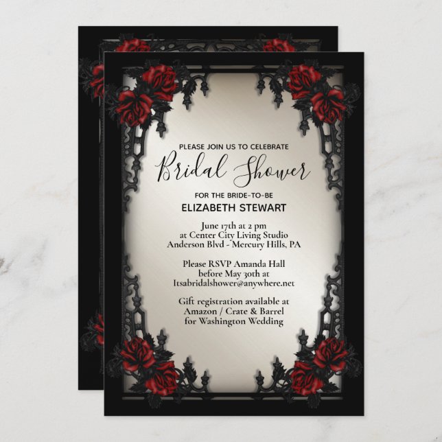 Red Rose Gothic Wedding Bridal Shower Antique Gold Invitation (Front/Back)
