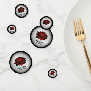 Red Rose Gothic Wedding Name and Date Confetti