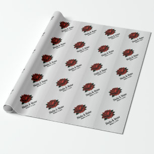 Red Rose Gothic Wedding Name and Date Wrapping Paper