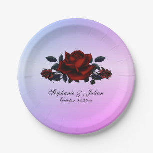 Red Rose Gothic Wedding Names and Date Purple Paper Plate