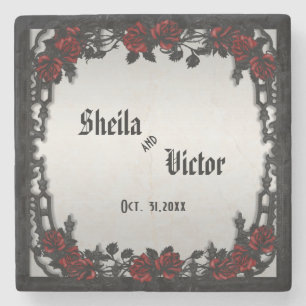 Red Rose Gothic Wedding  Personalised  Iron Gate Stone Coaster