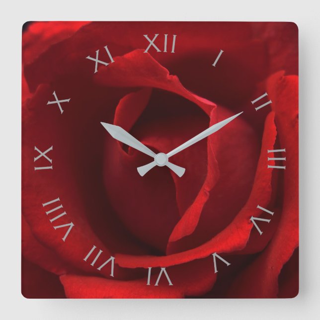 Red Rose Gray Roman Numbers wccnm Square Wall Clock (Front)