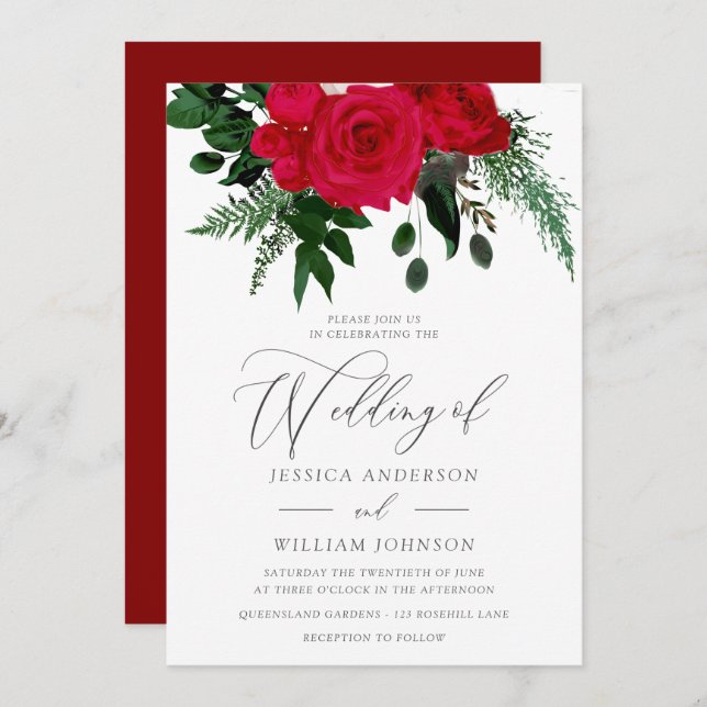 Red Rose Green Leaves Floral Wedding Invitation (Front/Back)