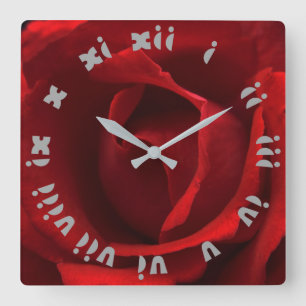 Red Rose Grey Fat Roman Numbers wccn Square Wall Clock