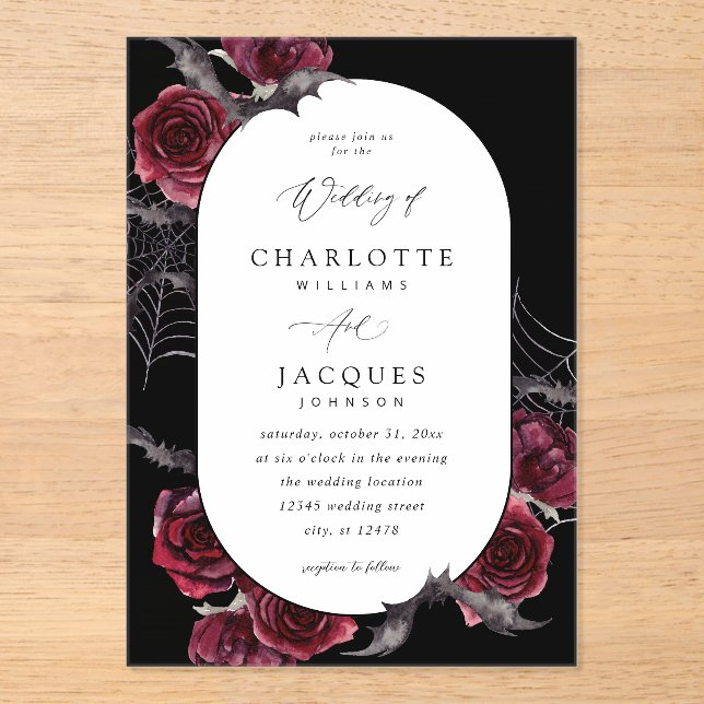 Red Rose Halloween Bats Wedding Black Acrylic Invitations (Front)