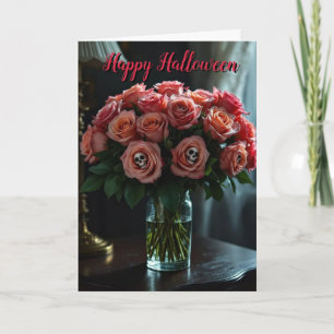 Red Rose Halloween Skull Flowers Card