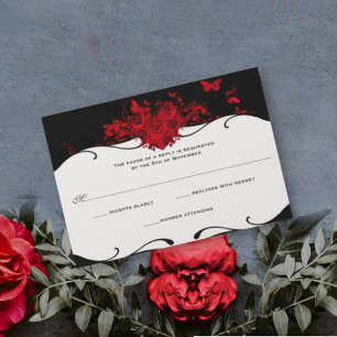 Red Rose Heart  Black and White RSVP Card