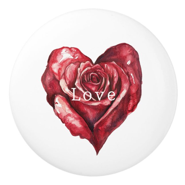 Red Rose Heart Flower Ceramic Knob (Front)