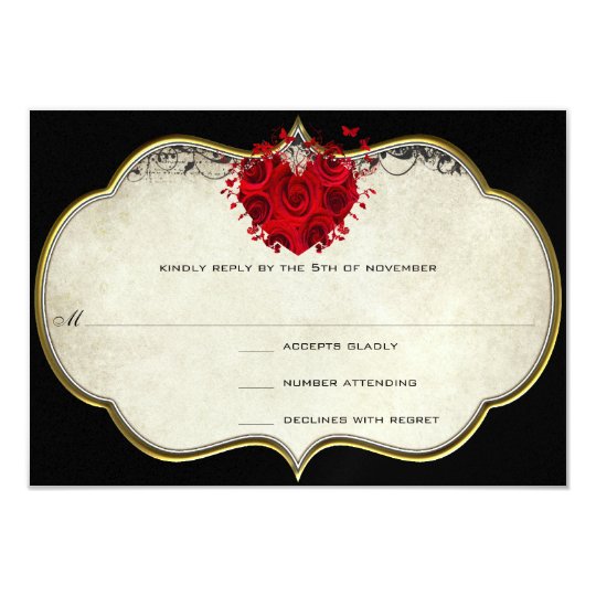 Red Rose Heart on Black Metallic RSVP Card