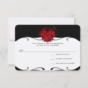 Red Rose Heart on Black Metallic RSVP Card