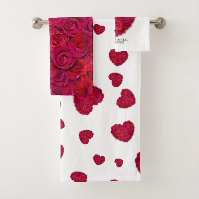 Red Rose Heart Romantic Floral Custom Text Bath Towel Set (Insitu)