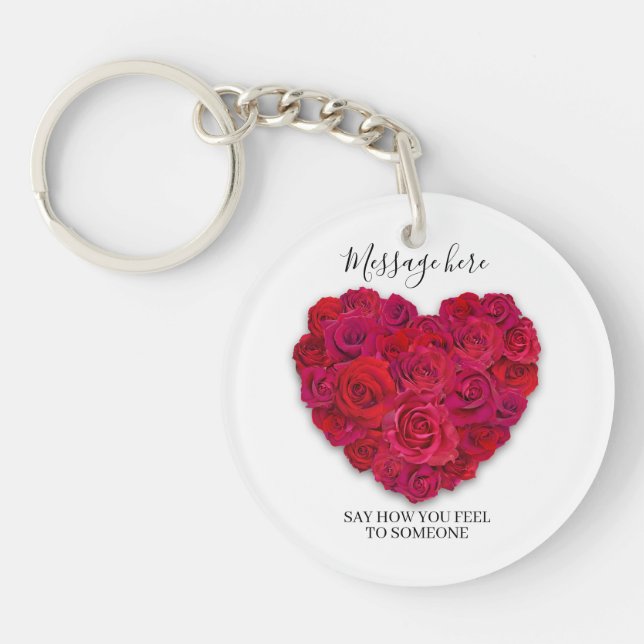 Red Rose Heart Romantic Floral Custom Text Key Ring (Front)