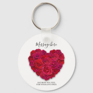 Red Rose Heart Romantic Floral Custom Text Key Ring