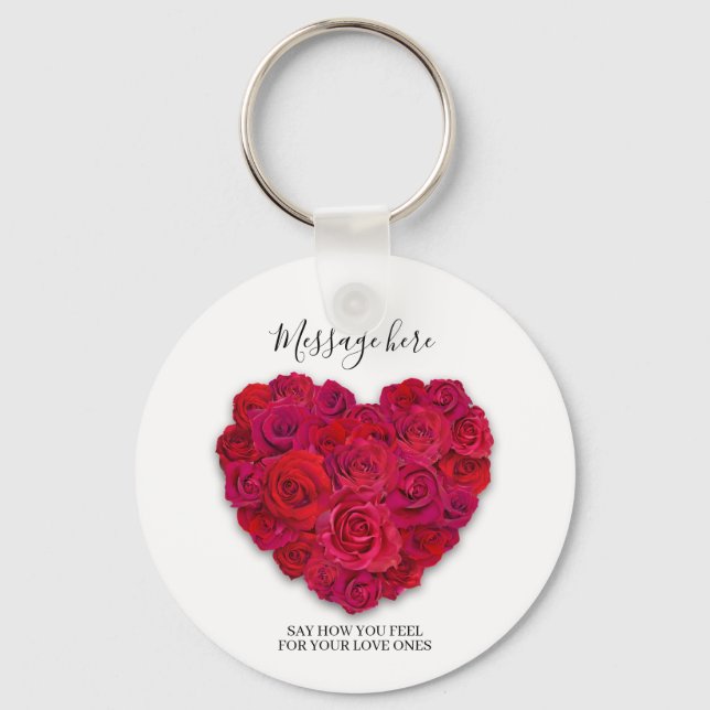 Red Rose Heart Romantic Floral Custom Text Key Ring (Front)