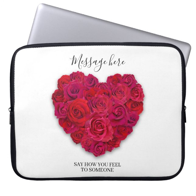Red Rose Heart Romantic Floral Custom Text Laptop Sleeve (Front)