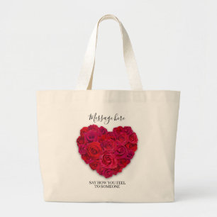 Red Rose Heart Romantic Floral Custom Text Large Tote Bag