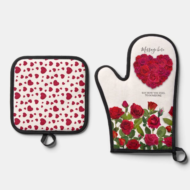 Red Rose Heart Romantic Floral Custom Text Oven Mitt & Pot Holder Set (Front)