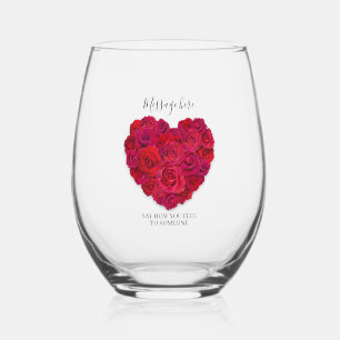 Red Rose Heart Romantic Floral Custom Text Stemless Wine Glass