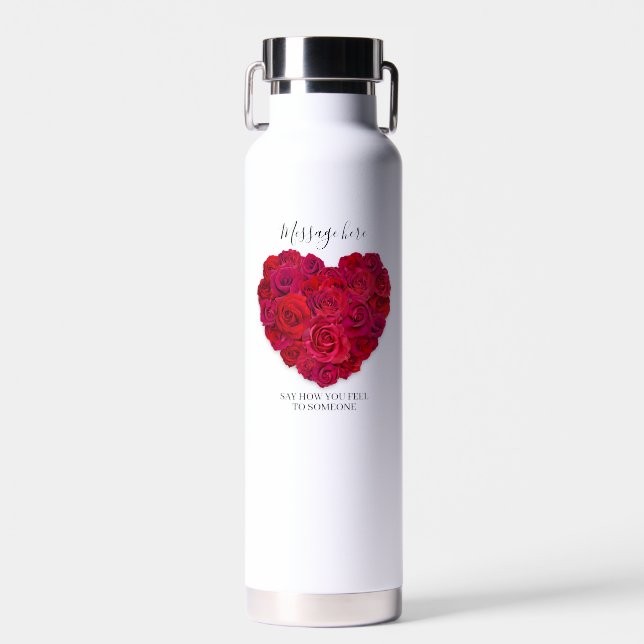 Red Rose Heart Romantic Floral Custom Text Water Bottle (Front)