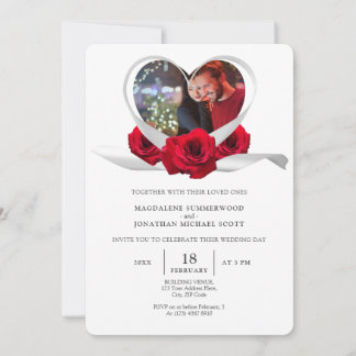 Red Rose Heart with Photo Romantic White Ribbon Invitation