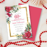 Red Rose Holly 60th Birthday Surprise Party Invitation<br><div class="desc">Beautiful red and white roses are nestled in holly and eucalyptus leaves to create an elegant floral display. They decorate a wide gold frame and are dappled with gold confetti dust. 60th birthday surprise party and the person's name is written in a large red text. All of the text can...</div>