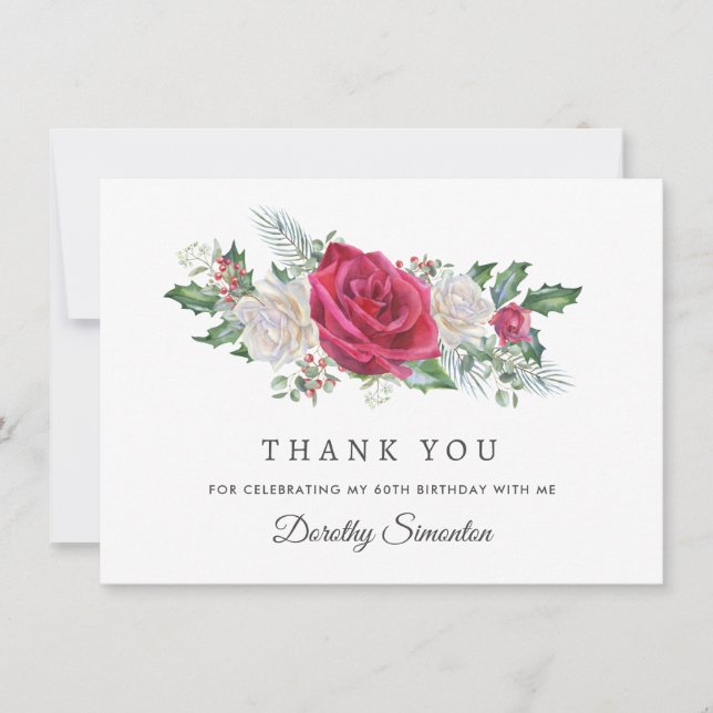 Red Rose Holly Winter 60th Birthday Flat Thank You Card (Front)