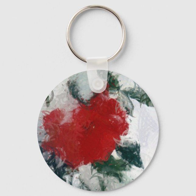 Red Rose in Snow Key Ring (Front)