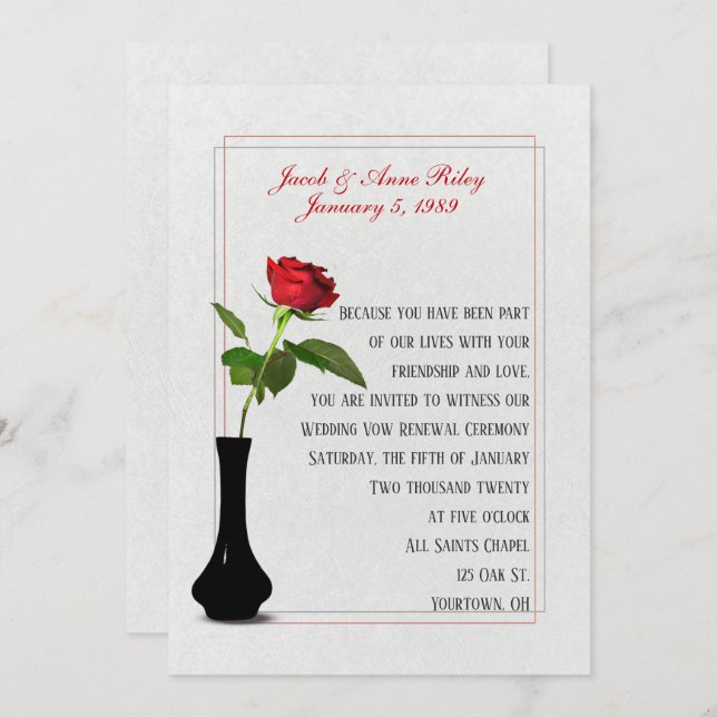 Red Rose in vase for Wedding Vow Renewal Invitation (Front/Back)