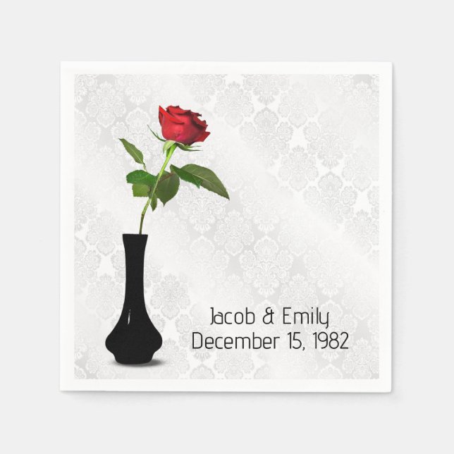 Red Rose In Vase On White Damask Napkin (Front)