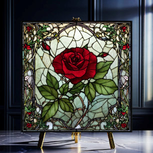 Red Rose in Window Vine Border Stained-Glass Look Ceramic Tile