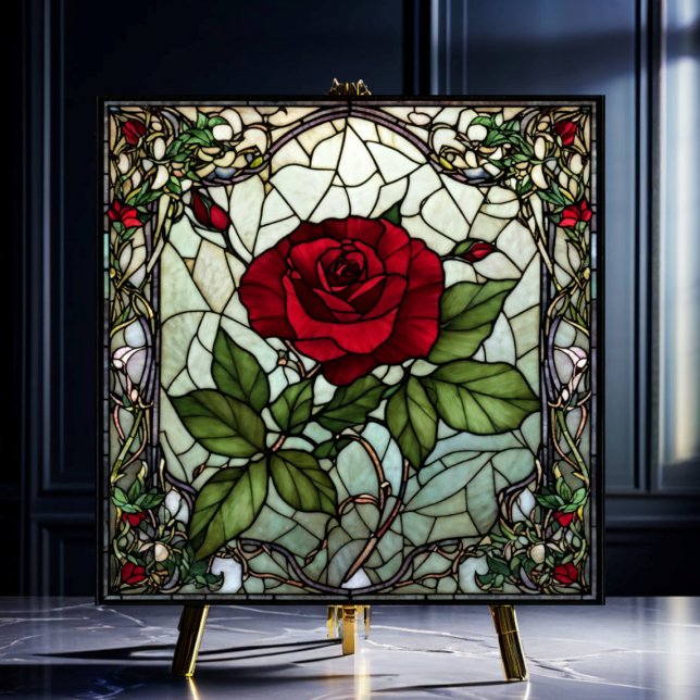 Red Rose in Window Vine Border Stained-Glass Look Ceramic Tile (Creator Uploaded)