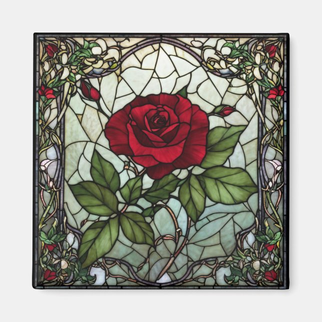 Red Rose in Window Vine Border Stained-Glass Look Magnet (Front)
