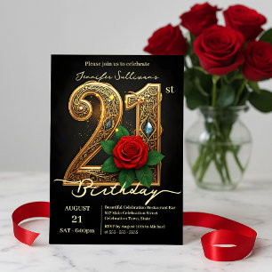 Red Rose Jewel Accents Filigree Gold 21st Birthday Invitation