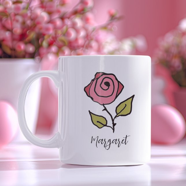 Red Rose June Birthday Flower Unique Floral Coffee Mug (Hand-illustrated and unique, our rose mug is lovely for Mother's Day, Easter, and June birthdays.)