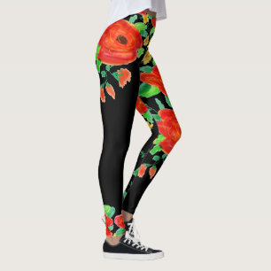 Red Rose Leggings on Black