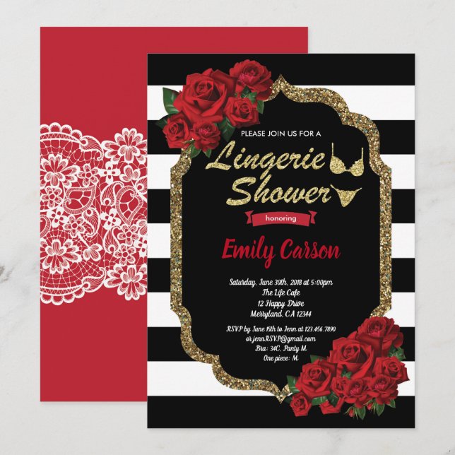 Red rose lingerie shower black and gold invitation (Front/Back)