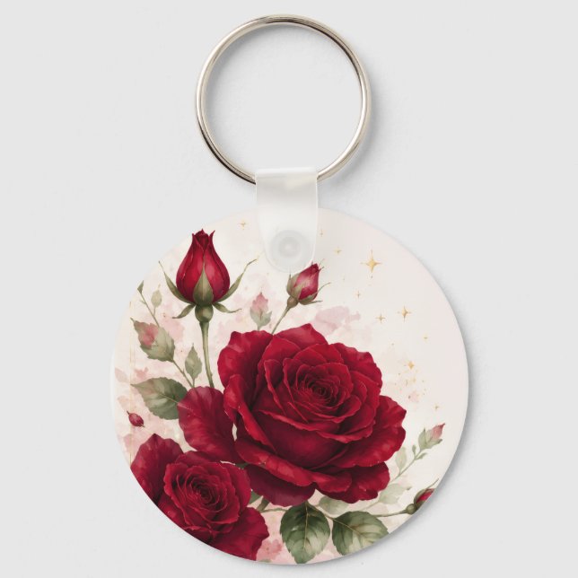 Red Rose Love Notes Romantic Floral Keychain (Front)