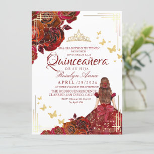 Red Rose Maroon Gold Butterfly Quinceañera Invitation