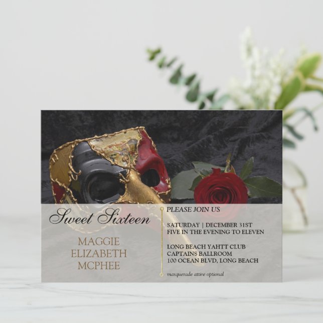 Red Rose Masquerade Birthday Invitation (Standing Front)