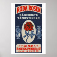 Red Rose Matchbox Art Print, Swedish Vintage Folk