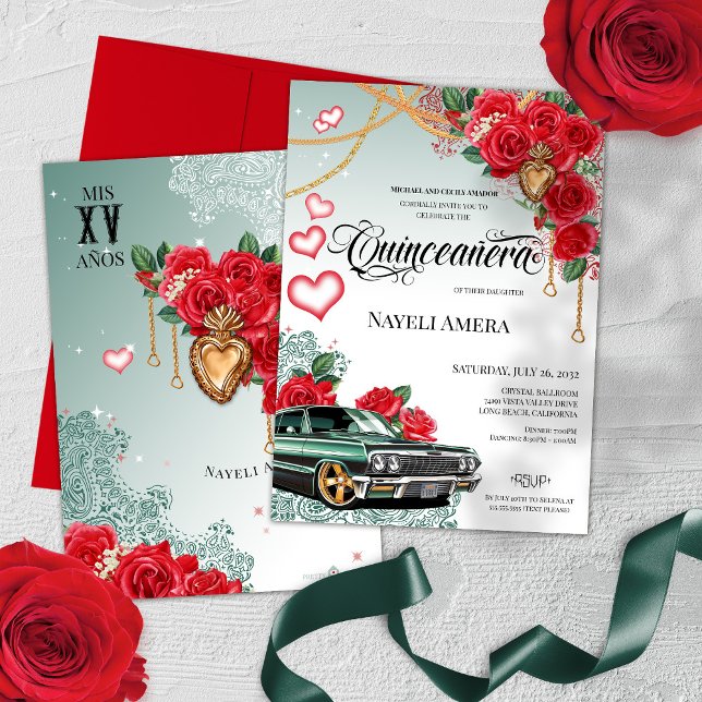 Red Rose Mexicana Green Lowrider Chola Quinceanera Invitation (Creator Uploaded)